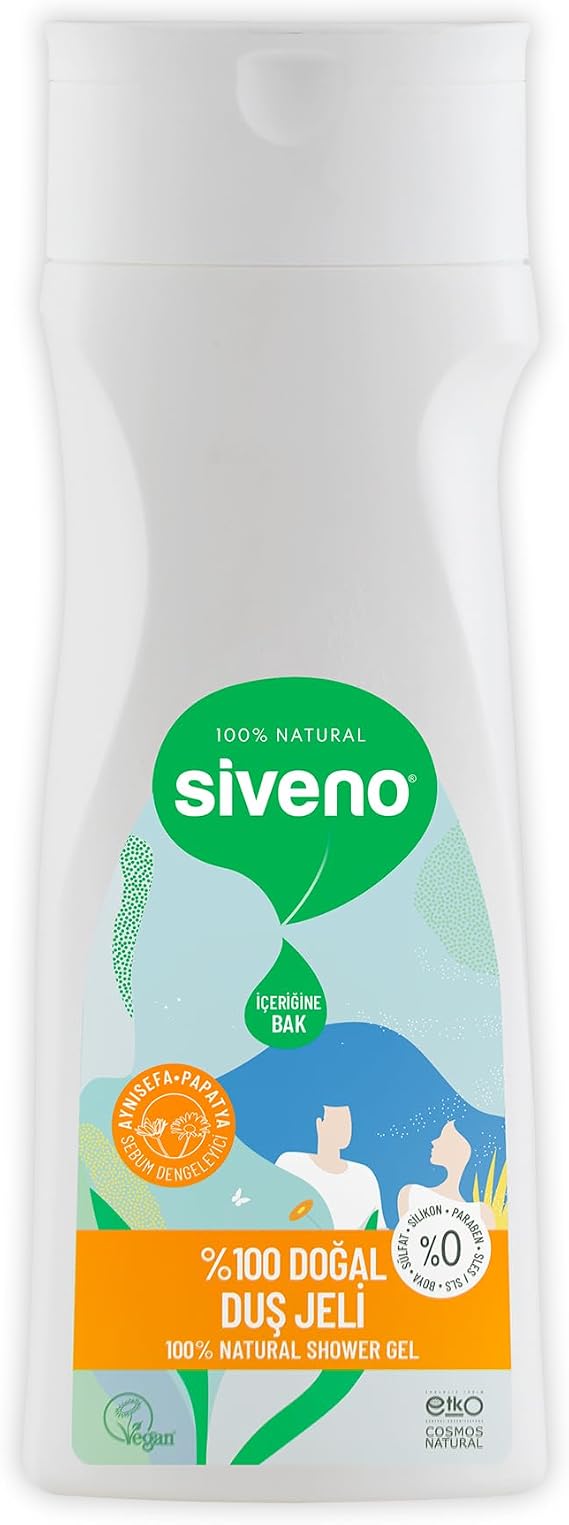 Siveno%100 Doğal Duş Jeli Sebum Dengeleyici Rahatlatıcı Aynısefa Papatya Yeşilçay Vegan 300 ml
