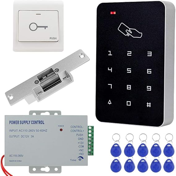 KDL Full RFID Access Control System Kit Set Stand-alone Keypad with NO Type Electric Strike Lock, DC12V/3A Power Supply, Door Exit Button, 10pcs RFID Key Tags