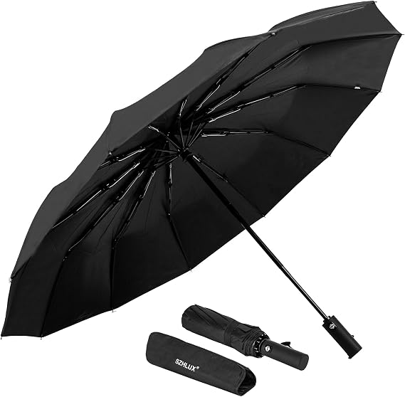 SZHLUX Travel Umbrella,12 Ribs Compact Windproof Folding Black Umbrella,Automatic Umbrellas for Rain,Sun,Backpack,Car,Travel,Golf.(Black)