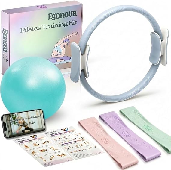 Pilates Ring Set: 35cm Magic Circle, Mini Ball & Resistance Bands (15/25/35 lbs) for Strength, Flexibility, Stability & Toning