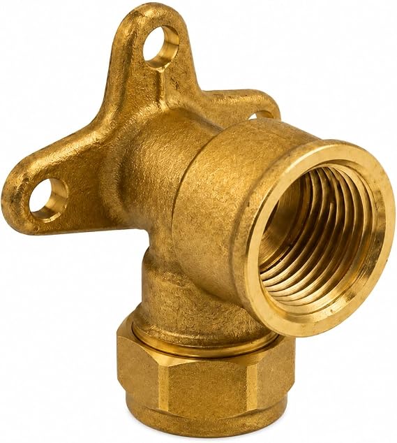 PipeStation Brass Wallplate Elbow, 15 mm Compression x 1/2 Inch BSP Female Thread, 3-Point Wall Mount Backplate Connector for Outdoor Tap and Copper Pipe