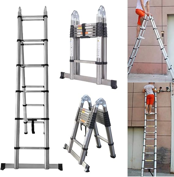 A Frame Portable Folding Telescopic Extension Loft Ladder, 3.8M (1.9M+1.9M) Multi Purpose Combination Step Ladder, Stainless Steel