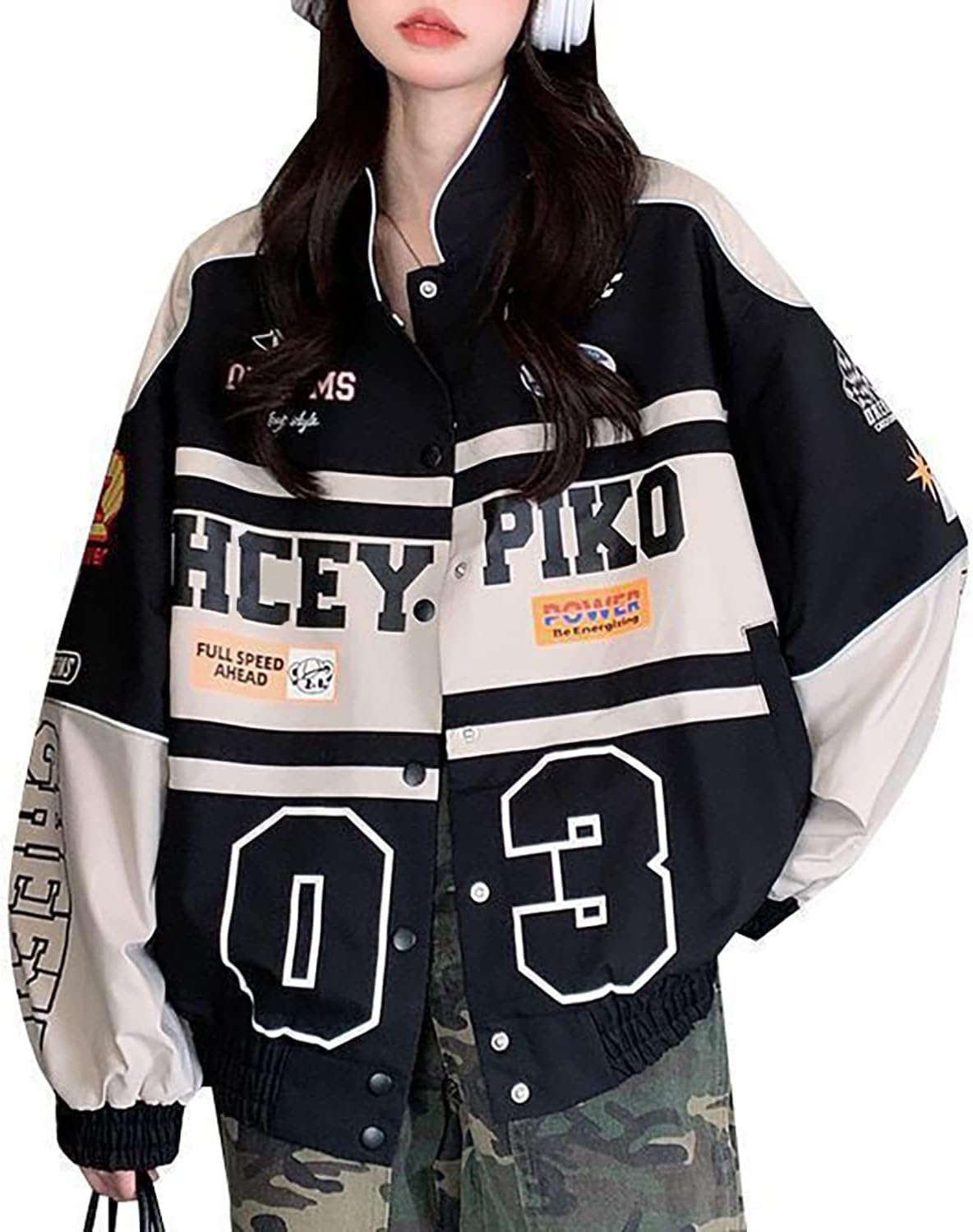 Varsity Jacket 女性用 パッチワーク 長袖 レーシング ボンバー レターマン ジャケット カラーブロック Y2k ヴィンテージ ストリートウェア