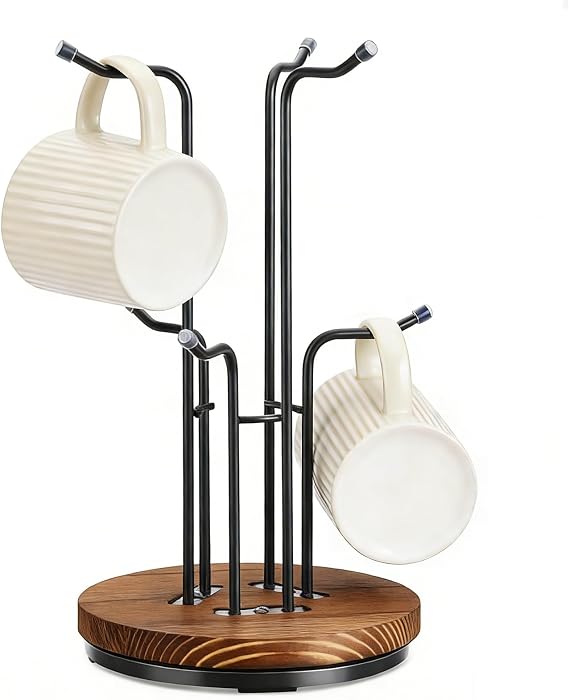 Mug Stand Mug Tree 6 Mugs Black Cup Holder 360° Rotated Mugs Storage Rack with Stable Wooden Base Coffee Cup Hanging Stand for Kitchen Coffee Bar