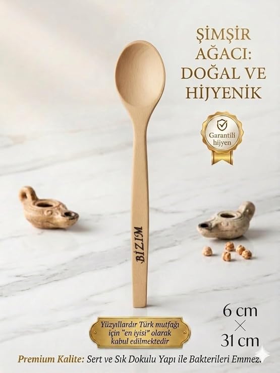 Bizim Şimşir Ağacı Servis Kaşığı, Doğal Ahşap, 31 cm Uzun Saplı, El Yapımı, Mutfak Karıştırıcı Kaşık