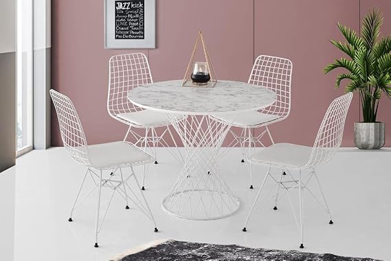 Yuvarlak Mutfak Masası ve 4 Adet Sandalye 90cm Mermer Desen BEYAZ
