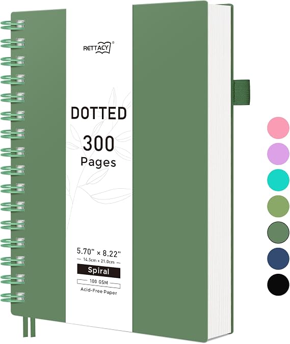 RETTACY A5 Spiral Notebook, Dotted Journal, 300 Pages, Dark Green