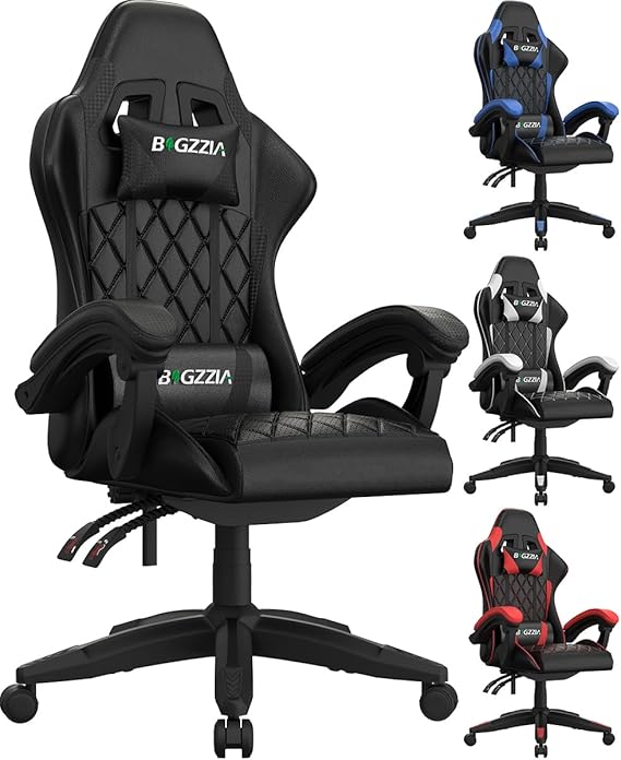 Bigzzia Gaming Chair with Breathable Cushion, Ergonomic Video Game Chairs with Pillow and Lumbar Support (All Black)