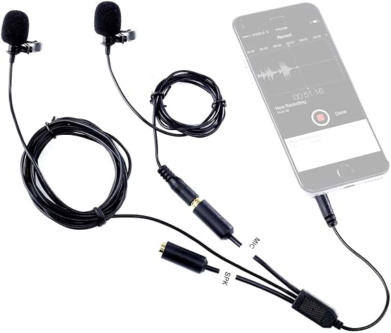Movo Professional Lavalier Lapel Clip-On Interview Podcast Microphone with Secondary Microphone and Headphone Monitoring Input for iPhone, iPad, Samsung, Android Smartphones and Tablets - Podcast
