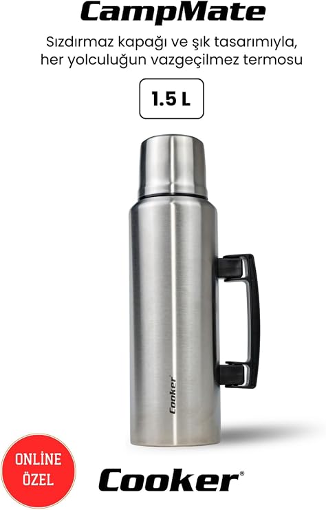 Cooker CKR2084 1.5 Litre Çift Katlı Termos, Gümüş, 24 Saat Sıcak, 48 Saat Soğuk, 72 Saat Buzlu
