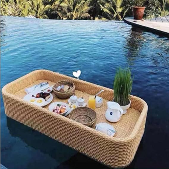 Extra Lar Rattan Floating Tray - Handmade Pool & Beach Par Accessory for Serving Drin, Brunch & ac - Perfect for Hot Tub - Bei, 100x50x15 cm
