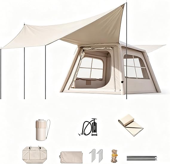 Inflatable Camping Tent, Waterproof 4-Season Blow-up Air Tent with Pump, 4-6 Person Portable Blow Up Tent, One-Touch Automatic Inflation, for Family Camping Trips 2–3people