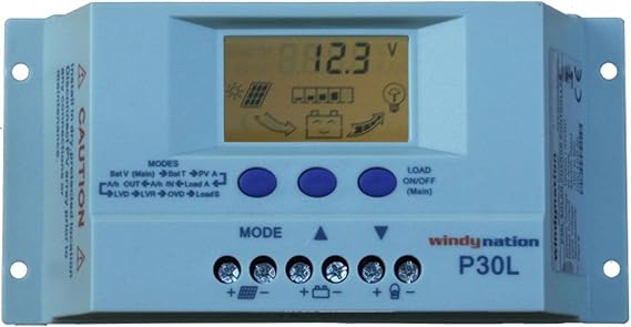 WindyNation P30L LCD 30A PWM Solar Panel Regulator Charge Controller with Digital Display and User Adjustable Settings