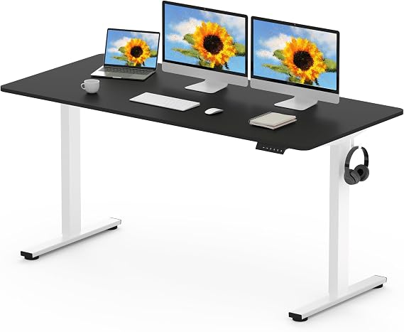 FLEXISPOT 160 x 80cm Electric Standing Desk ONE PIECE Height Adjustable Desk Sit Stand Desk with 4 Memory Smart Panel and Backpack Hook for Home Office, (White Frame+Black Desktop)