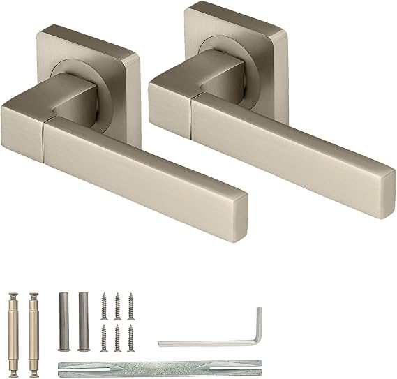 XFORT Cube Lever on Square Rose Door Handles, Internal Door Handle Sets for Interior Wooden Doors, Lever Latch Door Handle, Interior Door Handles for Home & Office – Pearl Nickel