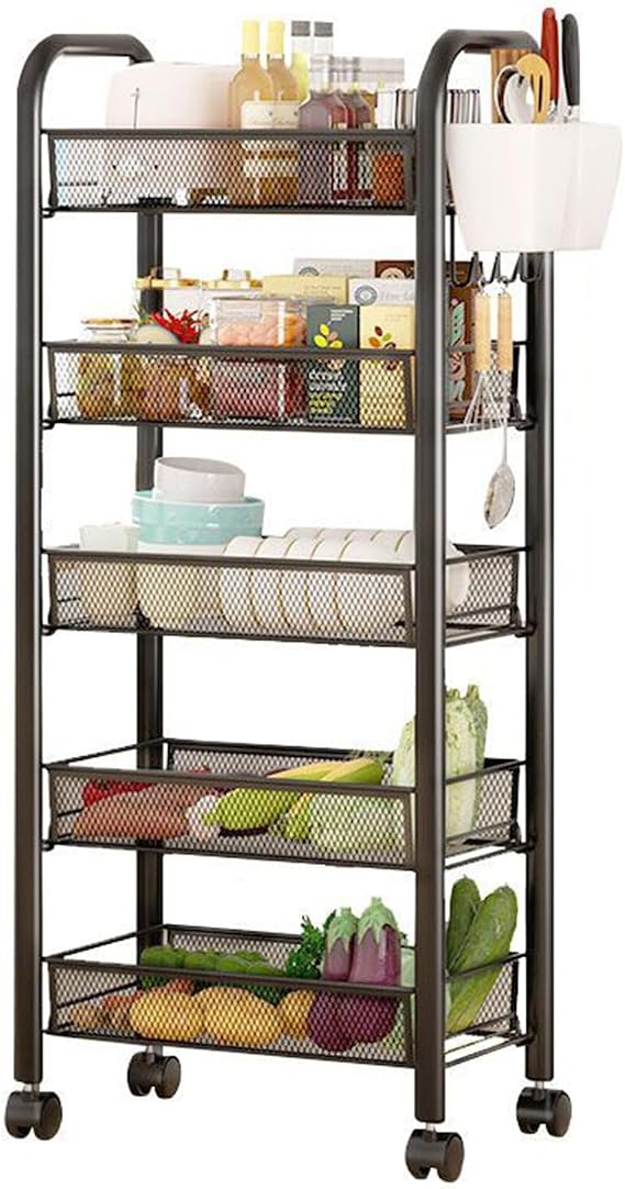 5 Tier Fruit Basket for Kitchen,5-Tier Rolling Utility Cart with Lockable Wheels,Stackable Fruit and Vegetable Storage Cart Metal Mesh Storage Basket for Kitchen, Bathroom,Bedroom Black 5-La