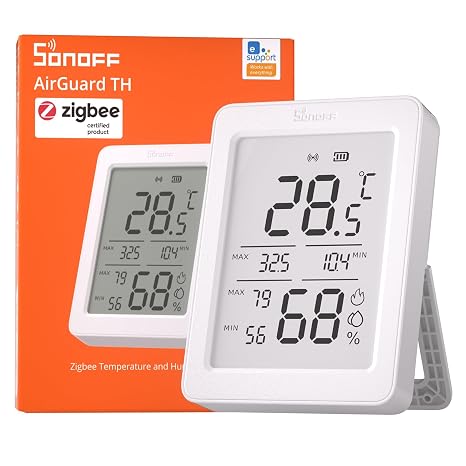 SONOFF AirGuard TH, Sensor Inteligente Zigbee de Temperatura y Humedad Interior, Pantalla LCD de 3.6'', Monitoreo en App con Gráficas, Alertas, Exportación de Datos, Visualización Remota