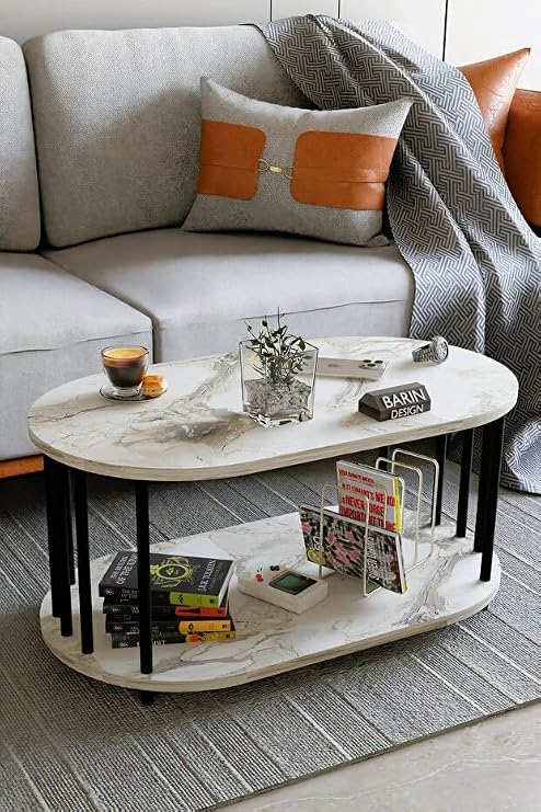 Modern Oval Orta Sehpa Çift Katlı Metal Ayaklı Salon, Ofis, Dekoratif Sehpa, Kahve sehpası Beyaz Mermer