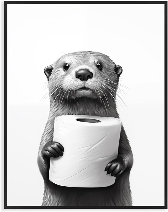 Dazzlewall Funny Bathroom Wall Art Poster Cute Otter Holding Toilet Paper, Black and White Animal Picture for Bathroom Toilet Decor 12x16 in Unframed