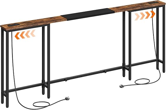 HOOBRO Slim Console Table with 2 Power Outlets, Adjustable Length 160-200cm