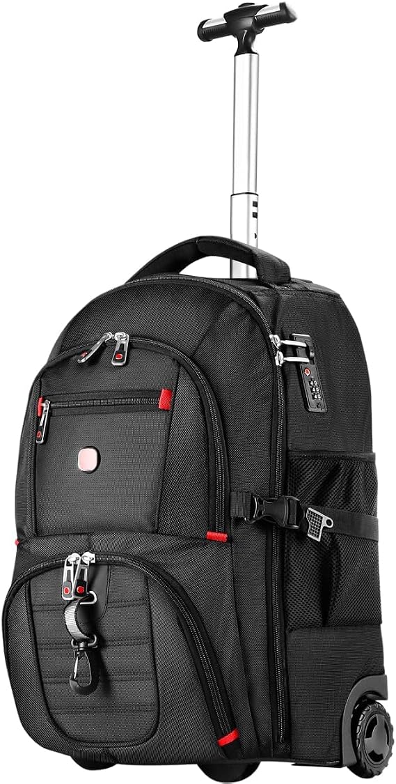 Extra Large Rolling Backpack with Wheels - Water-Resistant, 18" Laptop Compartment, 22.5"x15"x10", 55L Capacity, Ideal Carry-On for Weekend Travel, College, Work - Wheeled Business Backpack for Adults