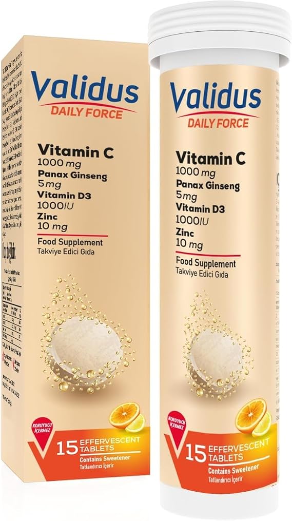 Validus Daily Force C Vitamini 1000 mg + Panax Ginseng Efervesan Takviye Edici Gida 15 Tablet