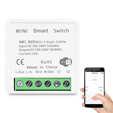 16A WiFi Smart Light Switch Relay Module, Tuya App Remote Control Works with Alexa and Google Home for Voice Control, 2 Way 100-240V