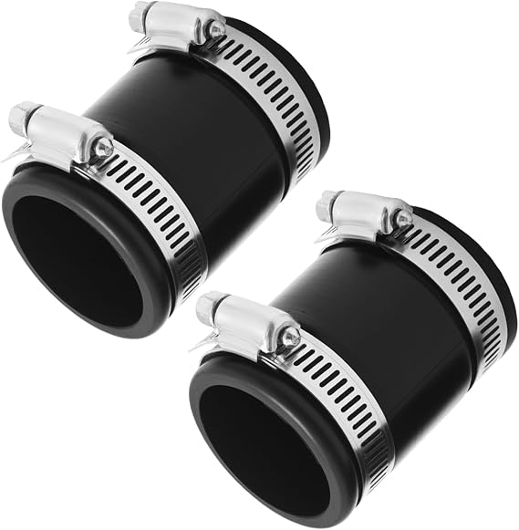 2PCS Flexible PVC Pipe Couplings, Black Rubber Pipe Connectors with Stainless Steel Clamps, Suitable for Sewers, Drains, and Ventilation Systems