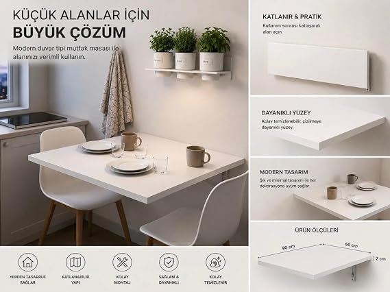 Duvara Monte Katlanır Mutfak Masası Yer Kaplamayan Çok Amaçlı Masa (BEYAZ, 90X60)