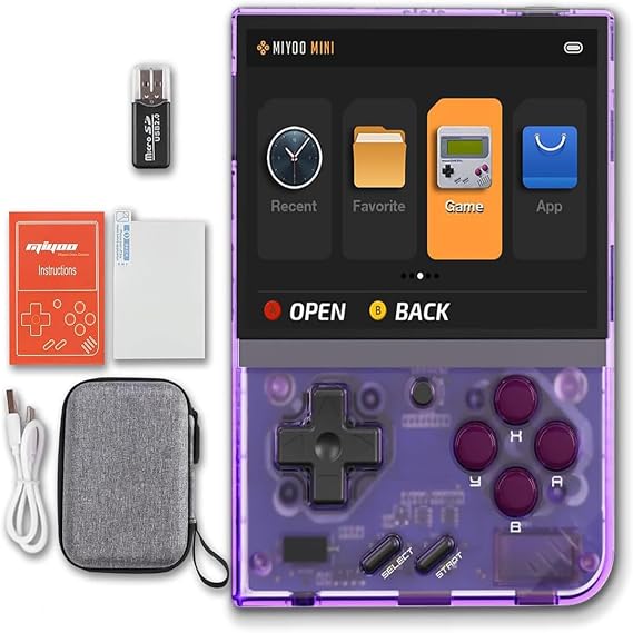 Miyoo Mini Plus Handheld Game Console 3.5-Inch Screen Pocket Portable Retro Video Game Console with Protective Case Japanese Selection Compatible Transparent Purple