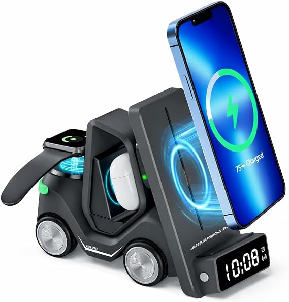 T20 15W 5'i 1 Arada Magsafe Kablosuz Şarj İstasyonu, Dijital Saatli Forklift Tasarım, iPhone 16/15/14/13/12, Apple Watch, AirPods Uyumlu Masaüstü Hızlı Şarj Standı (Siyah)