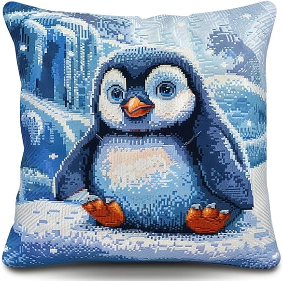 Kitquiver Latch Hook Kits Cushion for Adults Penguin Latch Hook Craft Kit 17X17Inch Handmade Crochet Craft Kits Cushion Cover Needlework for Home Decoration Patterns Printed DIY Making Kit