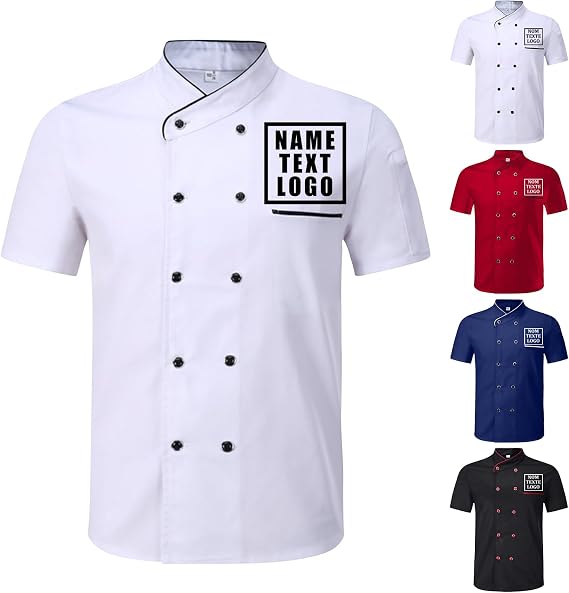 Personalised Chef Jacket with Name Logo Photo, Custom Chef Jackets for Men Women, Chef Whites Black Red Blue, Lightweight & Breathable, for Hotel Kitchen Restauran