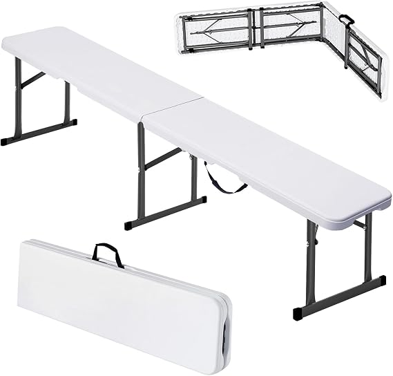 VEVOR Portable Plastic Folding Bench, 183 mm, HDPE Waterproof Outdoor Bench, Dining Seat for Picnic and Camping with Carry Handle, White, 1820 x 280 x 430 mm, Pack of 2