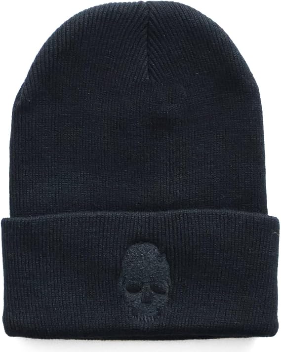Black Boys Mens Beanie Hat w Skull Skeleton Logo Warm Winter Wool Knit Headwear Goth Gothic Punk