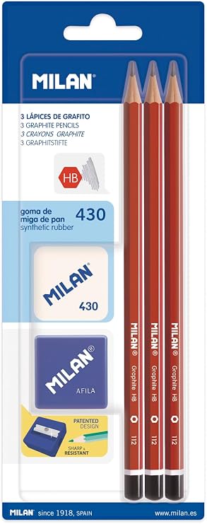 Milan BYM10016 – Blister Pack with 3 Graphite Pencils, Sharpener and Eraser