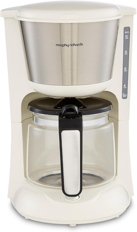 Morphy Richards Equip Filter Coffee Machine, Pour Over Technology, 10 Cup Capacity, Fast Brew, Anti Drip, Easy Clean Reusable Filter, Keep Warm, Aroma Blender, Cream and Stainless Steel,162504