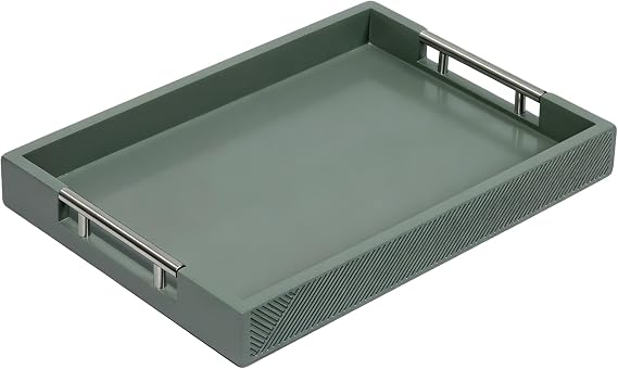 Modern Serving Tray with Polished Metal Handles, 16''x12'' Rectangle Coffee Table Tray, Perfect for Storage and Display (Grey)