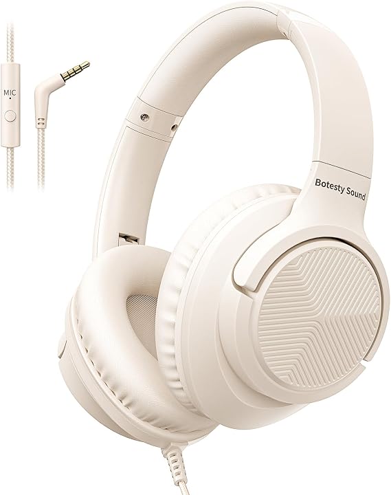 Wired Headphones with Microphone, 3.5mm Corded Headphones for School, Beige