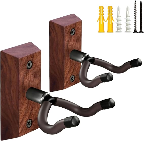 MUSO Guitar Wall Mount 2 Pack, Black Walnut Wood Guitar Hook, Guitar Holder Wall Hanger Mount, Guitar Stand Guitar Accessories for Acoustic, Electric Guitar, Banjo, Bass, Ukulele