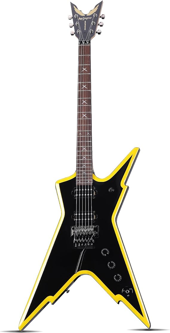 Leo Jaymz Diminator 6-String Electric Guitar, 24-Fret Solid Mahogany Body, Roasted Maple Neck, Rosewood Fingerboard, Alnico V Humbuckers, Double-Locking Tremolo System with Bone Nut (Black-Yellow)