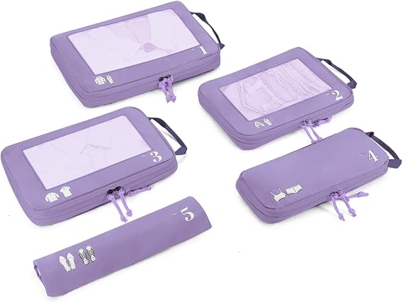 ECOHUB 5 Set Compression Packing Cubes for Suitcases Organiser Bags Travel Accessories with Shoes Bag Tear-resistant Travel Cubes with ID Tag Expandable Packing Bags (Purple)
