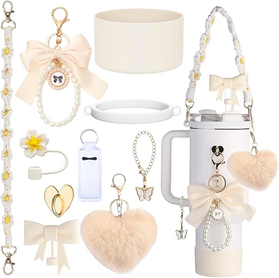 10 PCS Purple Cup Accessories for Stanley Cup Including Handle Strap Bottle Cover Silicone Straw Cover Boot Butterfly Pearl Keychain Lipstick Set Stanley-Charms for Stanley Cup 40 oz/30 oz (Beige)
