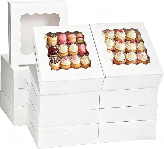 White 12Pcs Cookie Box with Window – 25x25x6.3cm (10" x 10" x 2.5") Bakery Box for Pastry, Macaron, Cake, Cupcake – Sturdy Gift Packaging Box Cake Box