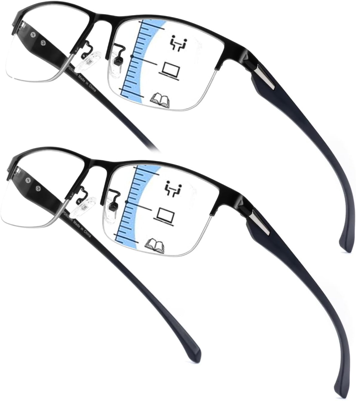 Hubeye 2 Pack Progressive Multifocus Reading Glasses for Men Metal Half Frame TR90 Temples Blue Light Blocking Computer Readers 1.00