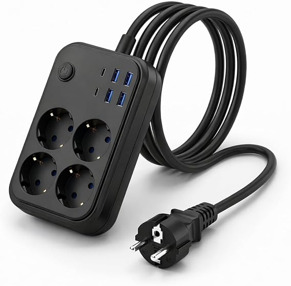 Akım Korumalı 4’lü Priz 2500W 10A – 2 USB + 2 Type-C Hızlı Şarj – 2 Metre Uzatma Kablosu, Anahtarlı Çoklu Priz, Çocuk Korumalı, Aşırı Yük ve Kısa Devre Korumalı Power Strip