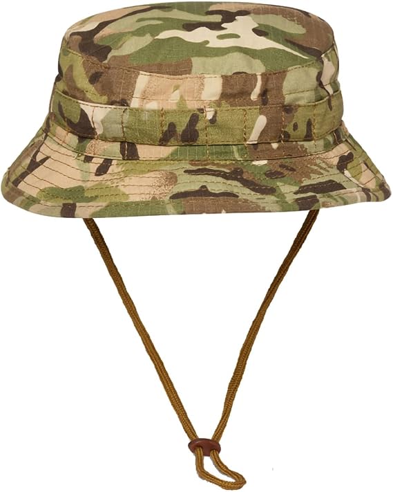 Kombat UK Short Brim Bush Hat for Men - Polycotton Ripstop, Fedora Style, Coyote Elastic Tabs for Foliage Attachment, Adjustable Chin Retaining Strap, All Seasons, Camouflage Pattern
