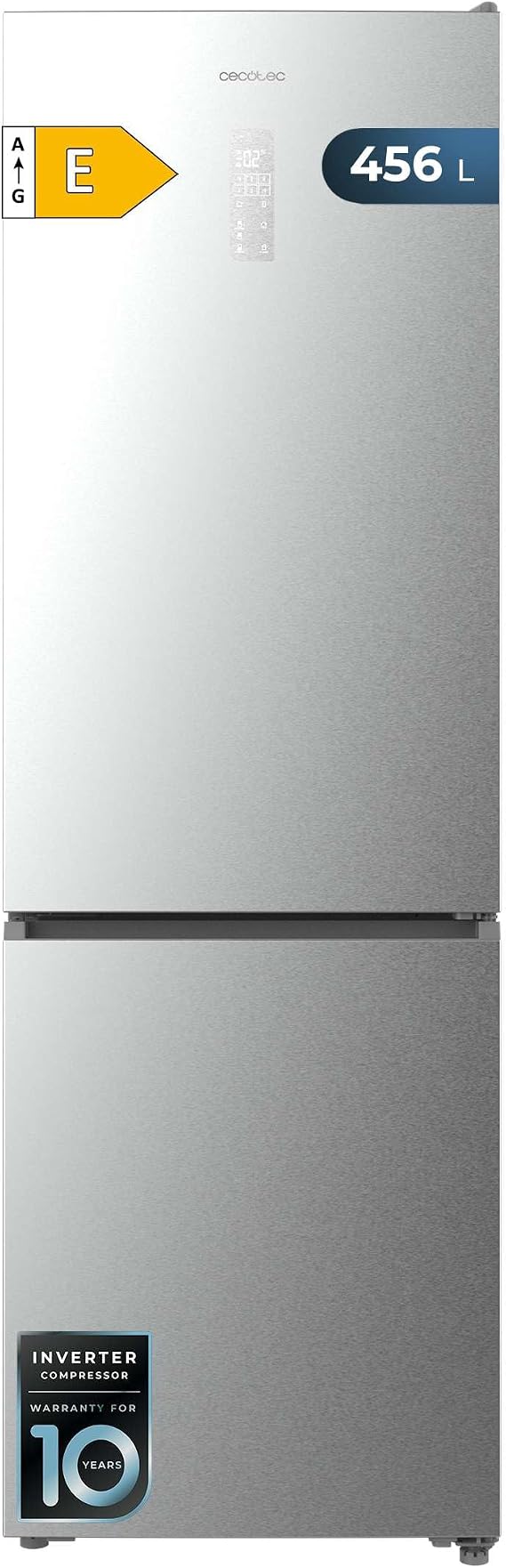 Cecotec Refrigerator Combi 456L Total No Frost Bolero CoolMarket Combi 456 Stainless Steel E. Height 201 cm and 59.5 cm Width, MAX INSIDE with VIP Tech, Inverter Plus Compressor, Low Consumption, Glass Trays, Stainless Steel [Energy Class E]