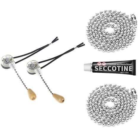 YUE Qin 2PCS Beaded Pull Chain Universal Ceiling Fan Pull Cord Switch,Wall Light Pull Cord Switch, Home Decoration Pull Chain Switch with 1 Meter Extension Cord(Sliver)