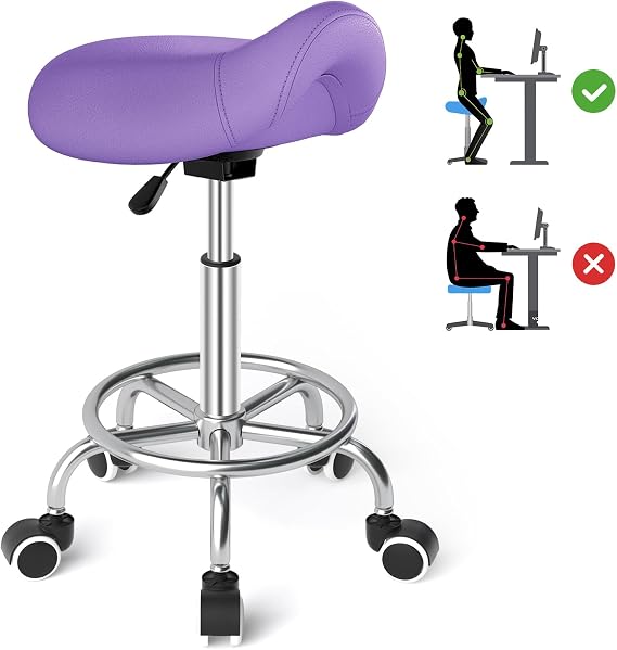 Saddle Stool Ergonomic - Comfortable Rolling Saddle Chair with Wide Thick Saddle Seat Padding, Swivel Adjustable Saddle Stool on Wheels and Ring Pedal for Medical, Massage, Office Home (Purple1)